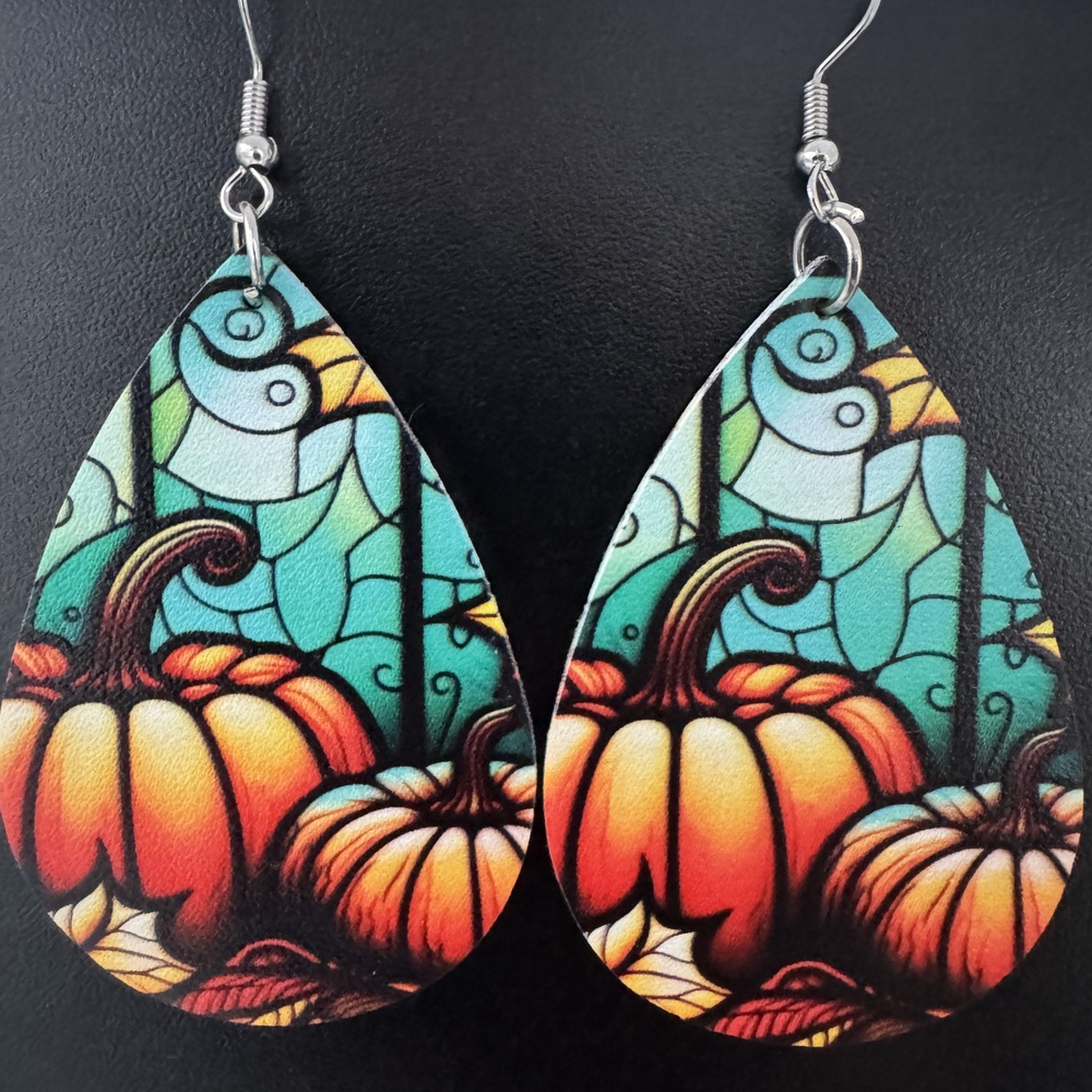 3/$25 Stained Glass Look Pumpkins Teardrop Dangle Tear Drop Earrings